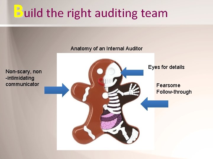 Build the right auditing team Anatomy of an Internal Auditor Non-scary, non -intimidating communicator