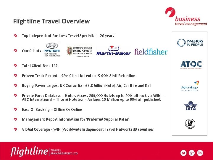 Flightline Travel Overview Top Independent Business Travel Specialist – 20 years Our Clients Total