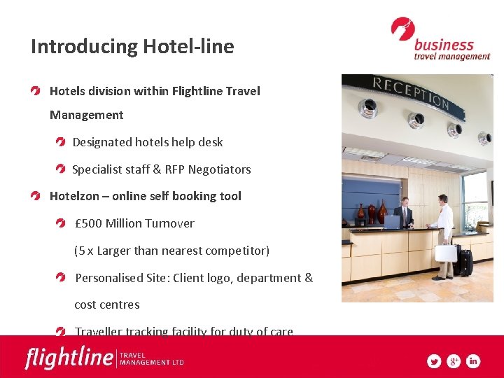 Introducing Hotel-line Hotels division within Flightline Travel Management Designated hotels help desk Specialist staff