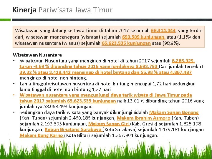 Kinerja Pariwisata Jawa Timur Wisatawan yang datang ke Jawa Timur di tahun 2017 sejumlah