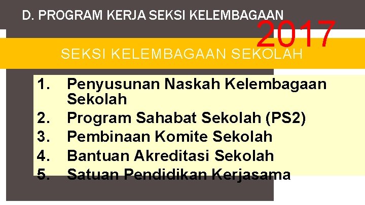 D. PROGRAM KERJA SEKSI KELEMBAGAAN 2017 SEKSI KELEMBAGAAN SEKOLAH 1. 2. 3. 4. 5.