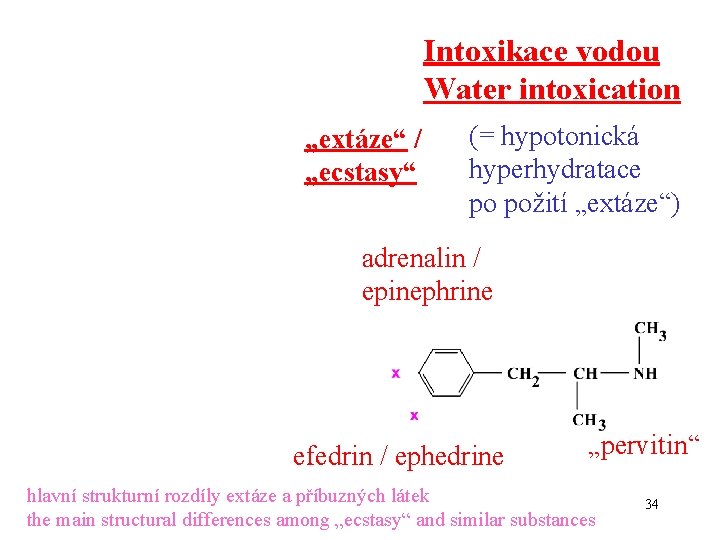 Intoxikace vodou Water intoxication „extáze“ / „ecstasy“ (= hypotonická hyperhydratace po požití „extáze“) adrenalin