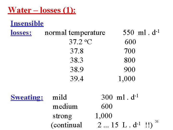 Water – losses (1): Insensible losses: normal temperature 37. 2 o. C 37. 8