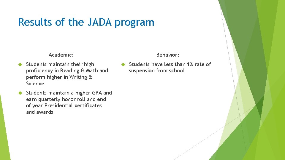 Results of the JADA program Behavior: Academic: Students maintain their high proficiency in Reading