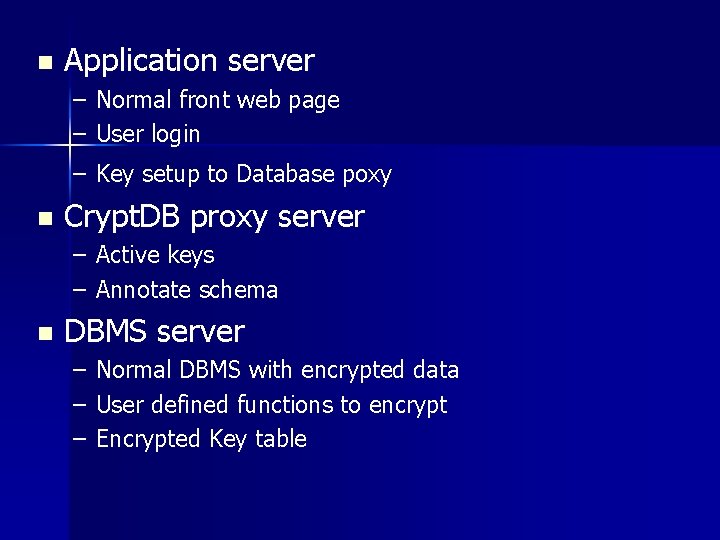 n Application server – Normal front web page – User login – Key setup