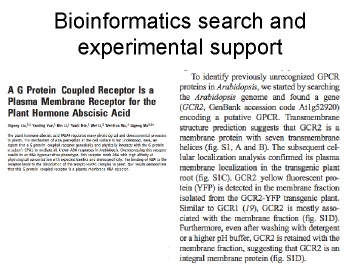Bioinformatics search and experimental support 