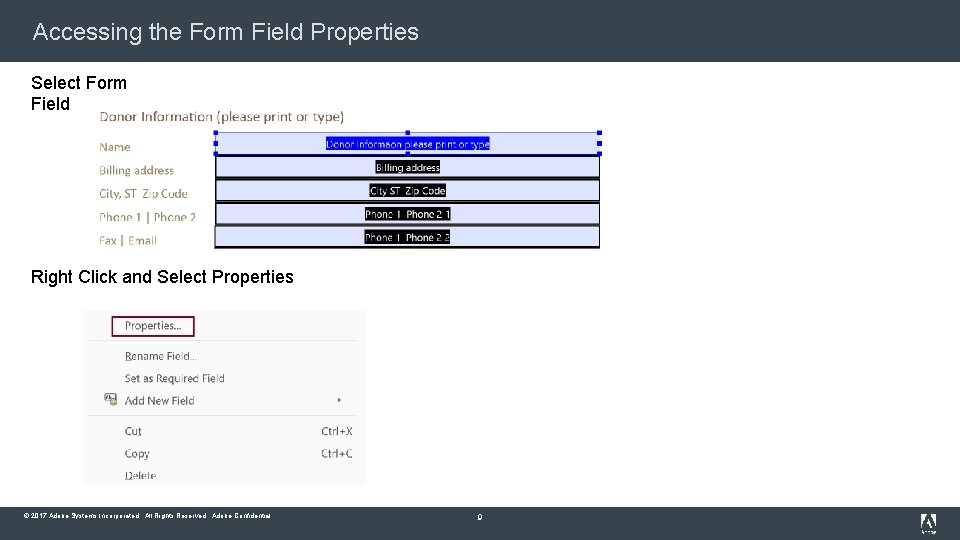 Accessing the Form Field Properties Select Form Field Right Click and Select Properties ©