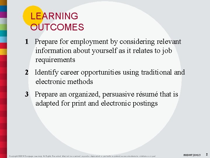 LEARNING OUTCOMES 1 Prepare for employment by considering relevant information about yourself as it