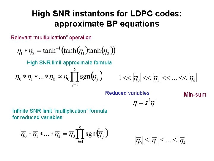 High SNR instantons for LDPC codes: approximate BP equations Relevant “multiplication” operation High SNR