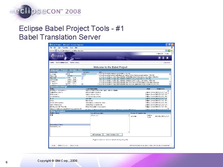 Eclipse Babel Project Tools - #1 Babel Translation Server 6 Copyright © IBM Corp.
