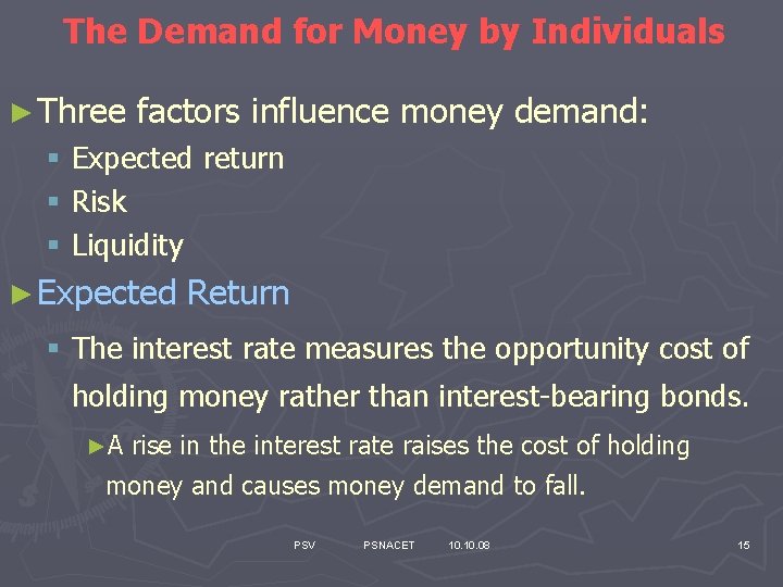 The Demand for Money by Individuals ► Three factors influence money demand: § Expected