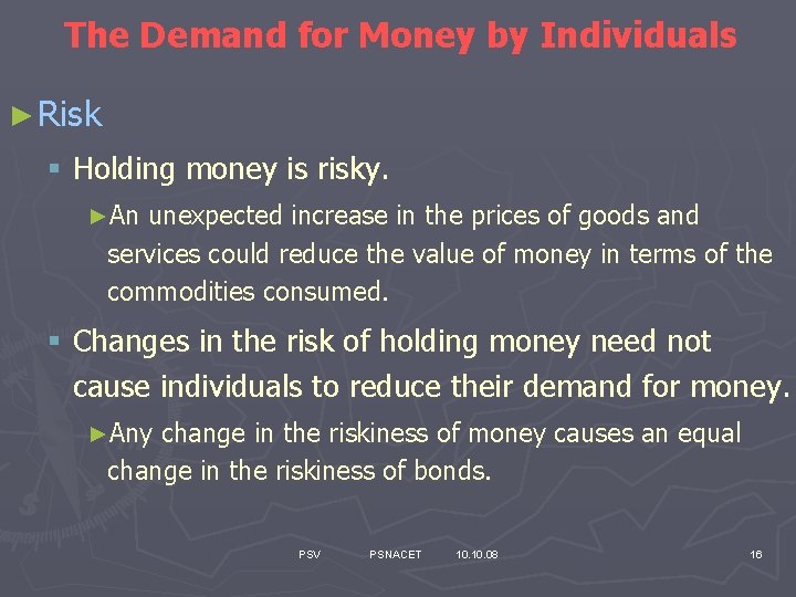 The Demand for Money by Individuals ► Risk § Holding money is risky. ►An