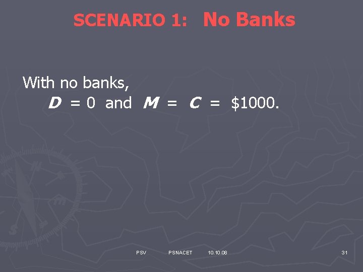 SCENARIO 1: No Banks With no banks, D = 0 and M = C