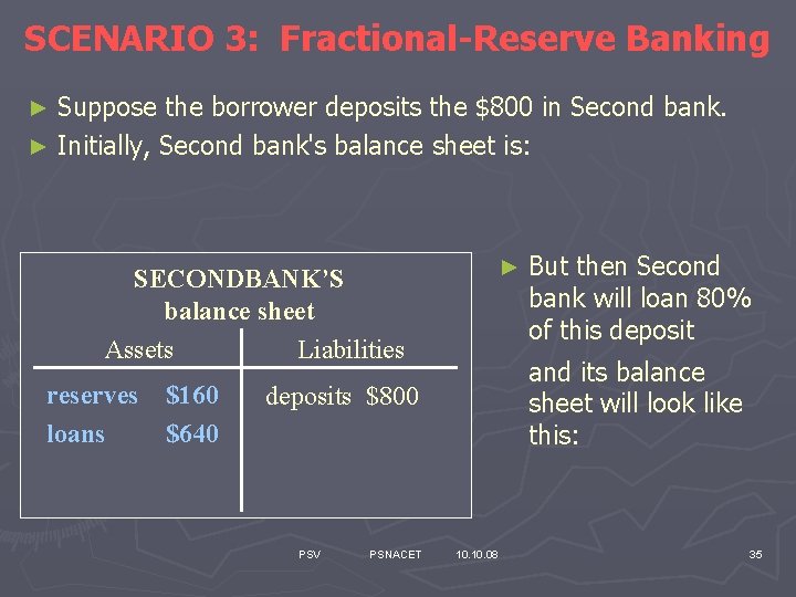 SCENARIO 3: Fractional-Reserve Banking Suppose the borrower deposits the $800 in Second bank. ►