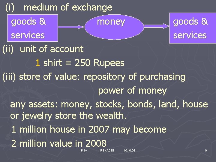 (i) medium of exchange goods & money goods & services (ii) unit of account