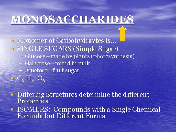 MONOSACCHARIDES • Monomer of Carbohydraytes is… • SINGLE SUGARS (Simple Sugar) – – –