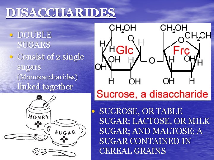 DISACCHARIDES • DOUBLE • SUGARS Consist of 2 single sugars (Monosaccharides) linked together •