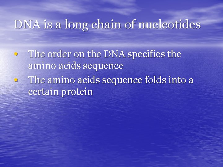 DNA is a long chain of nucleotides • The order on the DNA specifies