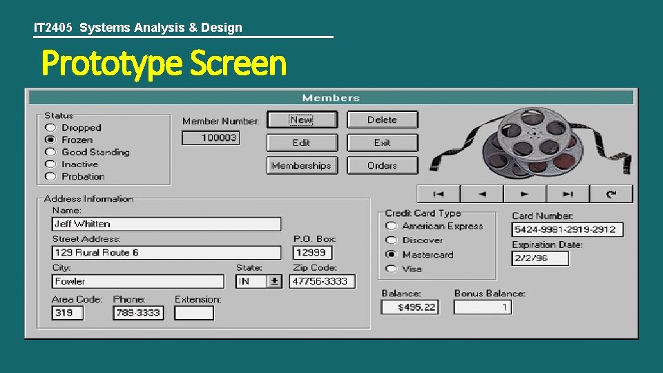 IT 2405 Systems Analysis & Design Prototype Screen 