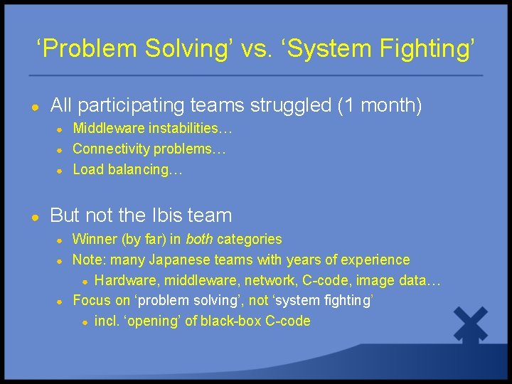‘Problem Solving’ vs. ‘System Fighting’ ● All participating teams struggled (1 month) ● ●