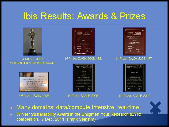 Ibis Results: Awards & Prizes AAAI-VC 2007 Most Visionary Research Award 1 st Prize: