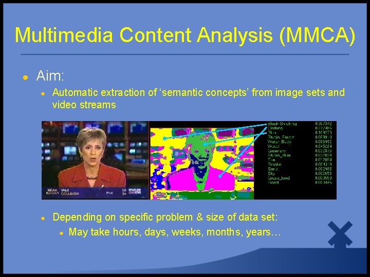 Multimedia Content Analysis (MMCA) ● Aim: ● Automatic extraction of ‘semantic concepts’ from image