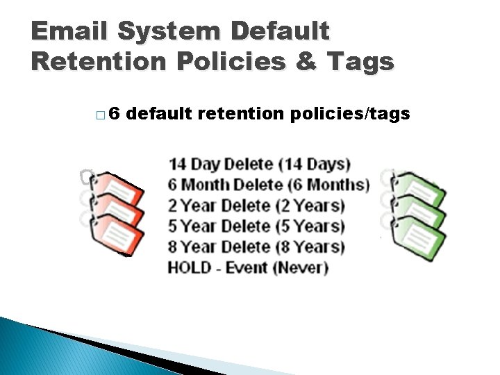 Email System Default Retention Policies & Tags � 6 default retention policies/tags 