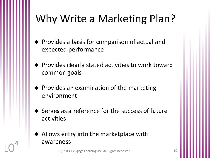 Why Write a Marketing Plan? 4 u Provides a basis for comparison of actual