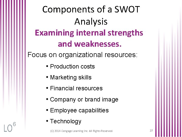 Components of a SWOT Analysis Examining internal strengths and weaknesses. Focus on organizational resources: