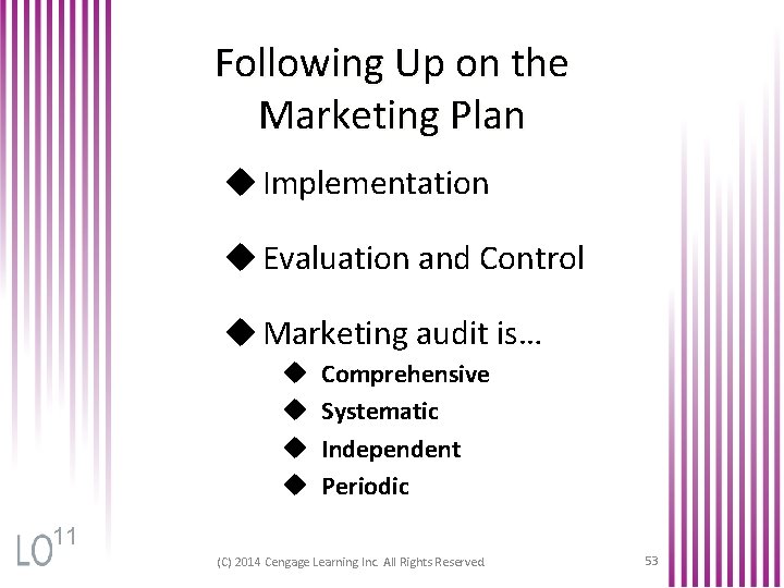 Following Up on the Marketing Plan u Implementation u Evaluation and Control u Marketing