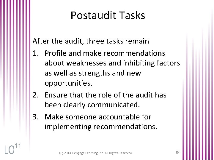 Postaudit Tasks After the audit, three tasks remain 1. Profile and make recommendations about