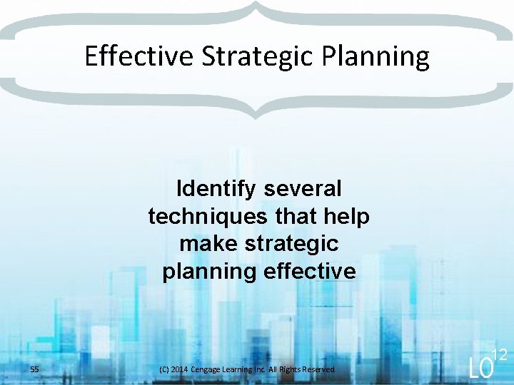 Effective Strategic Planning Identify several techniques that help make strategic planning effective 12 55