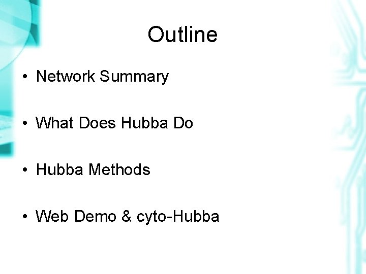 Outline • Network Summary • What Does Hubba Do • Hubba Methods • Web