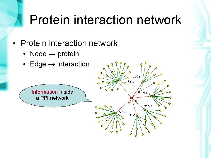 Protein interaction network • Node → protein • Edge → interaction Information inside a