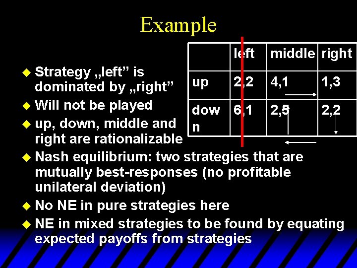 Example left u Strategy middle right „left” is 2, 2 4, 1 1, 3