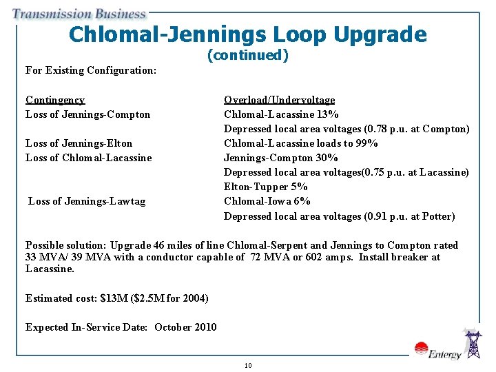 Chlomal-Jennings Loop Upgrade (continued) For Existing Configuration: Contingency Loss of Jennings-Compton Loss of Jennings-Elton