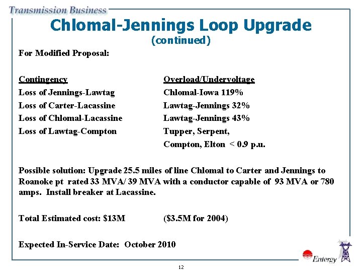 Chlomal-Jennings Loop Upgrade (continued) For Modified Proposal: Contingency Loss of Jennings-Lawtag Loss of Carter-Lacassine