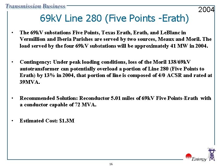 69 k. V Line 280 (Five Points -Erath) 2004 • The 69 k. V