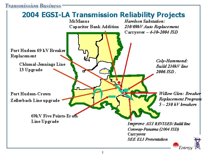 2004 EGSI-LA Transmission Reliability Projects Mc. Manus Capacitor Bank Addition Harelson Substation: 230/69 k.