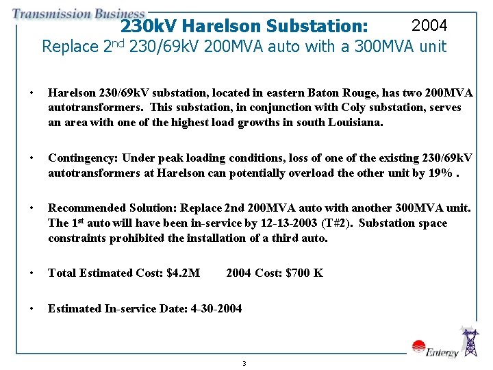 230 k. V Harelson Substation: Replace 2 nd 2004 230/69 k. V 200 MVA