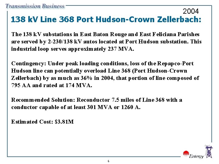 2004 138 k. V Line 368 Port Hudson-Crown Zellerbach: The 138 k. V substations