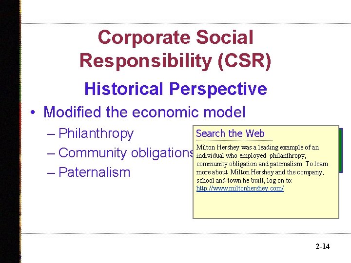 Corporate Social Responsibility (CSR) Historical Perspective • Modified the economic model Search the Web