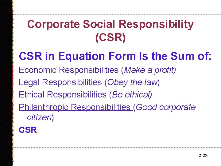 Corporate Social Responsibility (CSR) CSR in Equation Form Is the Sum of: Economic Responsibilities