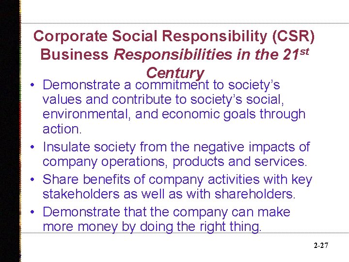 Corporate Social Responsibility (CSR) Business Responsibilities in the 21 st Century • Demonstrate a