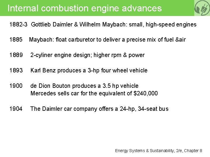 Internal combustion engine advances 1882 -3 Gottlieb Daimler & Wilhelm Maybach: small, high-speed engines