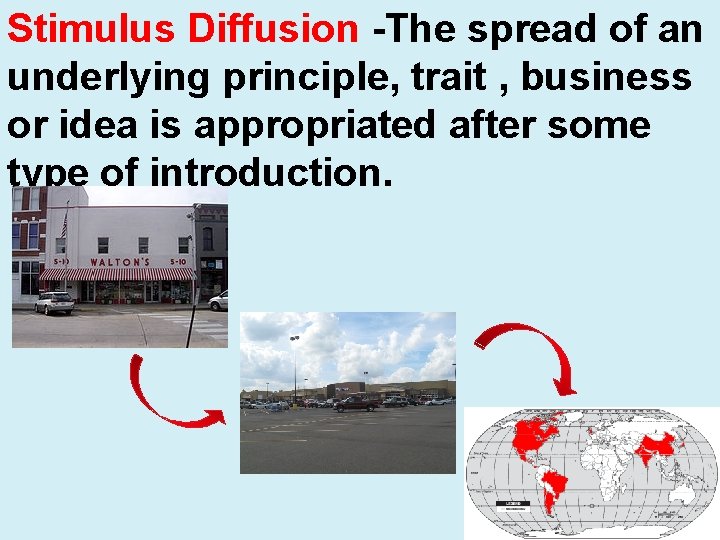 Stimulus Diffusion -The spread of an underlying principle, trait , business or idea is