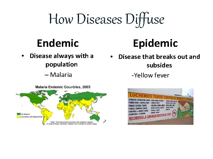 How Diseases Diffuse Endemic Epidemic • Disease always with a population – Malaria •