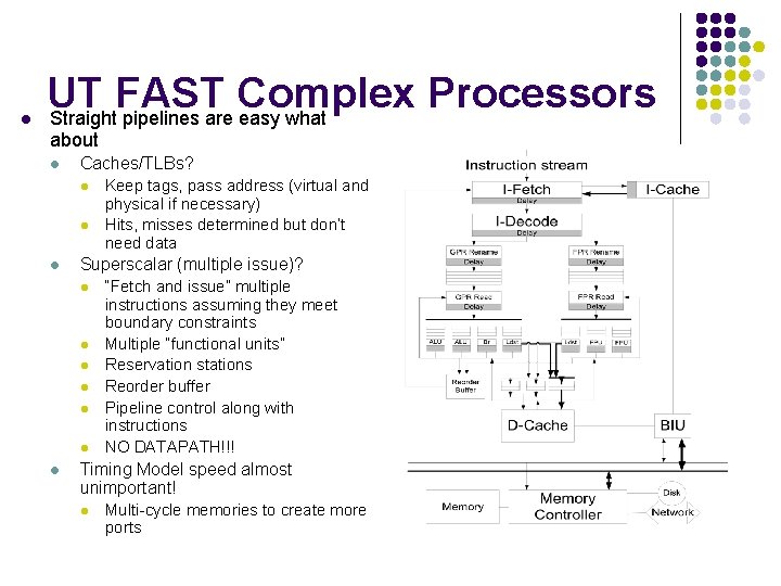 l UT FAST Complex Processors Straight pipelines are easy what about l Caches/TLBs? l