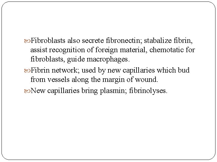  Fibroblasts also secrete fibronectin; stabalize fibrin, assist recognition of foreign material, chemotatic for