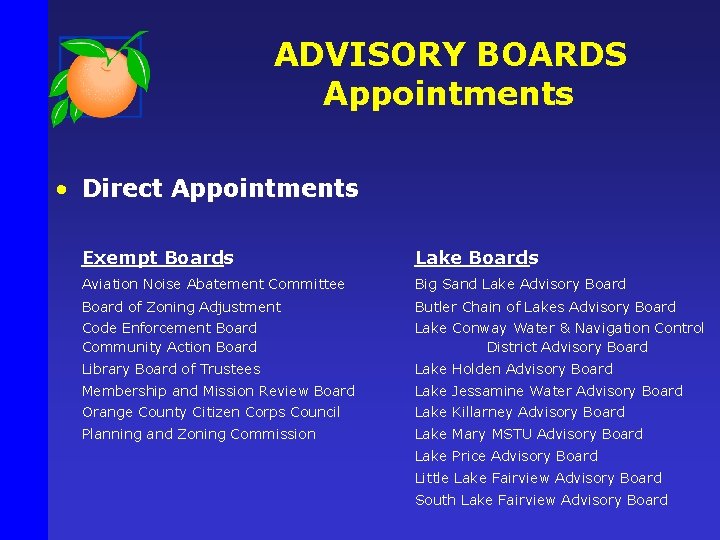 ADVISORY BOARDS Appointments • Direct Appointments Exempt Boards Lake Boards Aviation Noise Abatement Committee